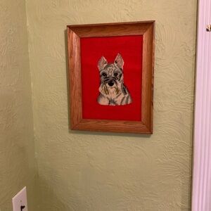 Framed Dog Needlepoint Art on Red Background